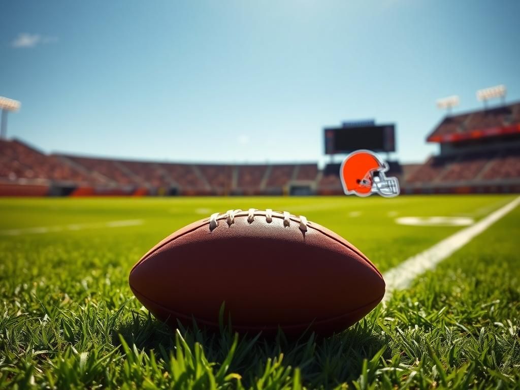 Flick International A football field with a pristine football on the ground under a bright blue sky, featuring the Cleveland Browns logo