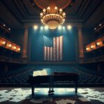 Flick International Majestic grand piano on stage at the Kennedy Center, illuminated by warm chandeliers
