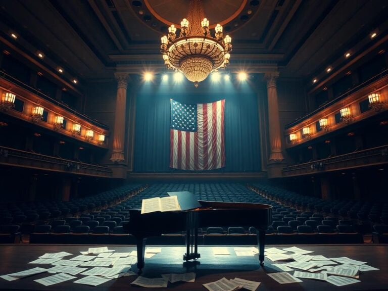 Flick International Majestic grand piano on stage at the Kennedy Center, illuminated by warm chandeliers