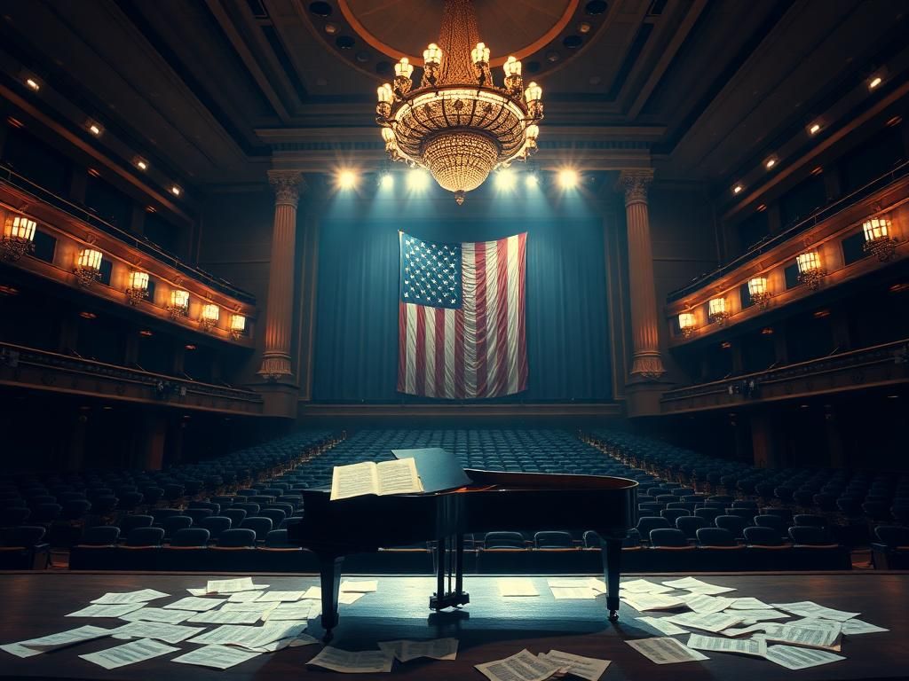Flick International Majestic grand piano on stage at the Kennedy Center, illuminated by warm chandeliers