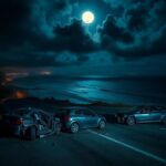 Flick International A desolate Pacific Coast Highway scene at night showing the aftermath of a high-speed crash involving multiple cars.
