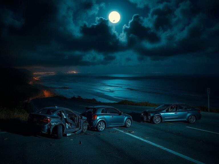 Flick International A desolate Pacific Coast Highway scene at night showing the aftermath of a high-speed crash involving multiple cars.