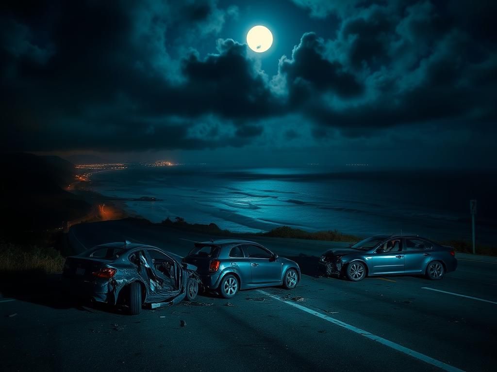 Flick International A desolate Pacific Coast Highway scene at night showing the aftermath of a high-speed crash involving multiple cars.