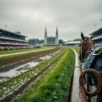 Flick International A stunning view of Churchill Downs during the rainy 2025 Kentucky Derby, showcasing muddy conditions and vibrant colors of the crowd.