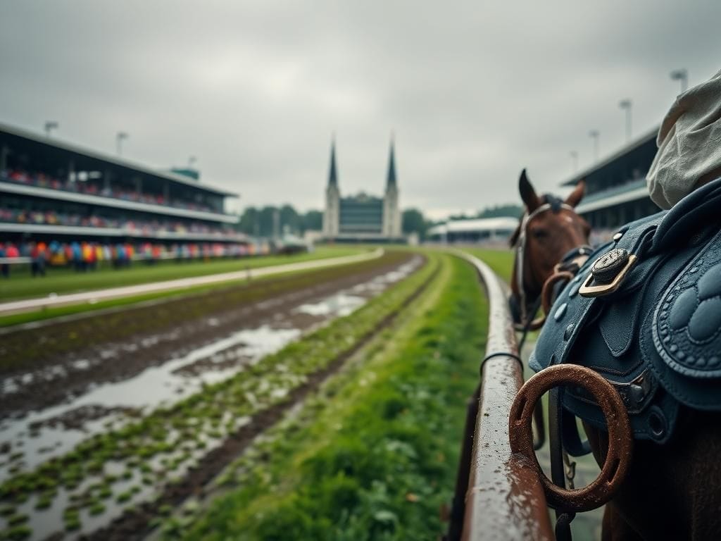 Flick International A stunning view of Churchill Downs during the rainy 2025 Kentucky Derby, showcasing muddy conditions and vibrant colors of the crowd.