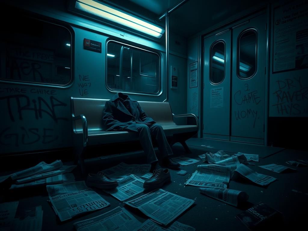 Flick International Dimly lit subway scene with eerie shadows and a sense of urban decay