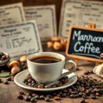 Flick International A serene café scene featuring a steaming cup of mushroom coffee on a rustic wooden table