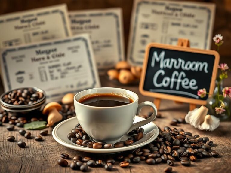 Flick International A serene café scene featuring a steaming cup of mushroom coffee on a rustic wooden table