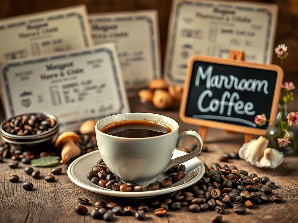 Flick International A serene café scene featuring a steaming cup of mushroom coffee on a rustic wooden table