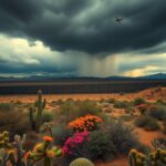 Flick International Rugged Mexican landscape featuring cacti, a border wall, and dark clouds reflecting cartel violence concerns.