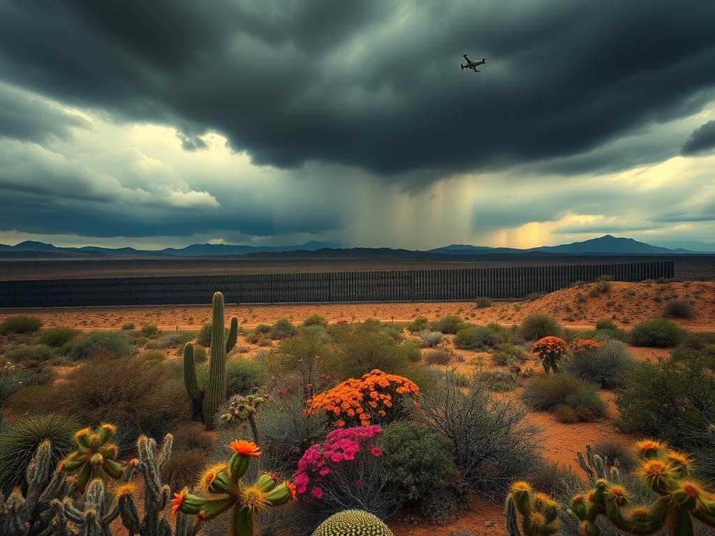 Flick International Rugged Mexican landscape featuring cacti, a border wall, and dark clouds reflecting cartel violence concerns.