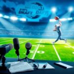 Flick International A stylized football field with glowing stadium lights, microphones, and notes showcasing NFL Draft discussions