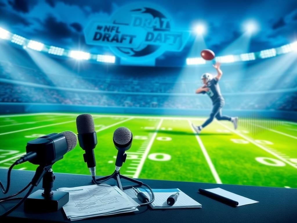 Flick International A stylized football field with glowing stadium lights, microphones, and notes showcasing NFL Draft discussions