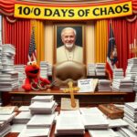 Flick International A whimsical and satirical view of a cluttered Oval Office filled with exaggerated stacks of paper and humorous items.