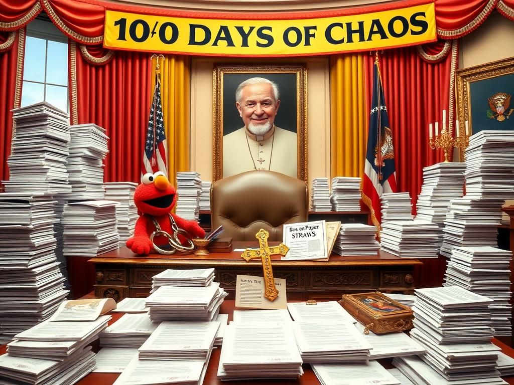 Flick International A whimsical and satirical view of a cluttered Oval Office filled with exaggerated stacks of paper and humorous items.