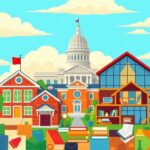 Flick International A vibrant scene showcasing diverse educational options in Texas, featuring traditional schools, private institutions, and homeschooling environments.