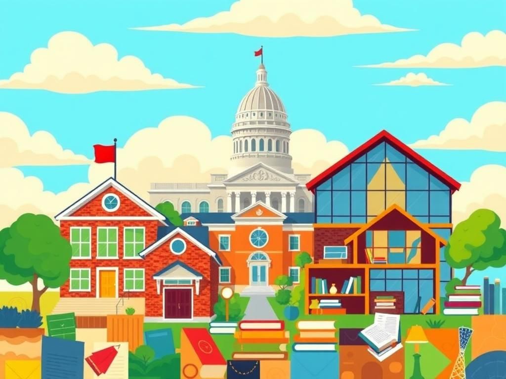 Flick International A vibrant scene showcasing diverse educational options in Texas, featuring traditional schools, private institutions, and homeschooling environments.