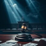 Flick International A dramatic courtroom scene with a gavel on a wooden bench symbolizing justice and immigration law contention