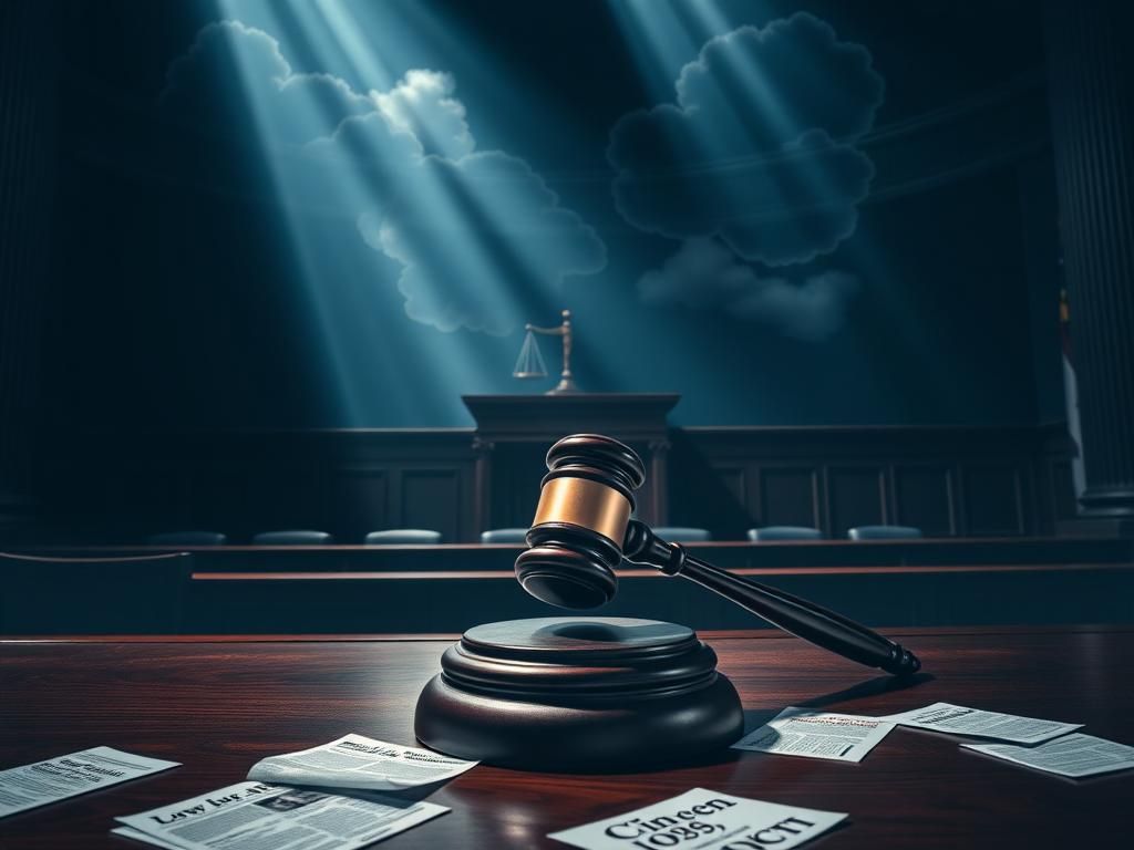 Flick International A dramatic courtroom scene with a gavel on a wooden bench symbolizing justice and immigration law contention