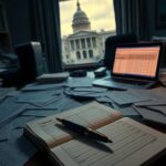 Flick International A cluttered desk in a dimly lit office with financial documents indicating embezzlement
