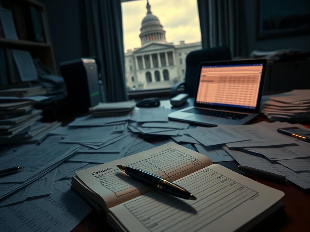 Flick International A cluttered desk in a dimly lit office with financial documents indicating embezzlement