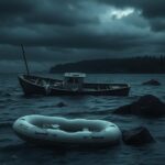 Flick International A weathered fishing boat partially submerged in dark, choppy waters under an ominous sky