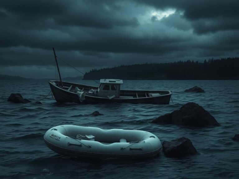 Flick International A weathered fishing boat partially submerged in dark, choppy waters under an ominous sky