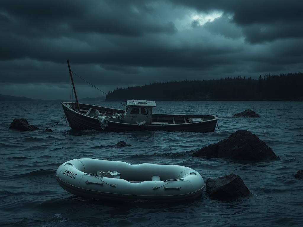 Flick International A weathered fishing boat partially submerged in dark, choppy waters under an ominous sky