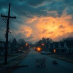 Flick International A desolate small town in North Carolina after an EMP strike with darkened houses and a stormy sky.