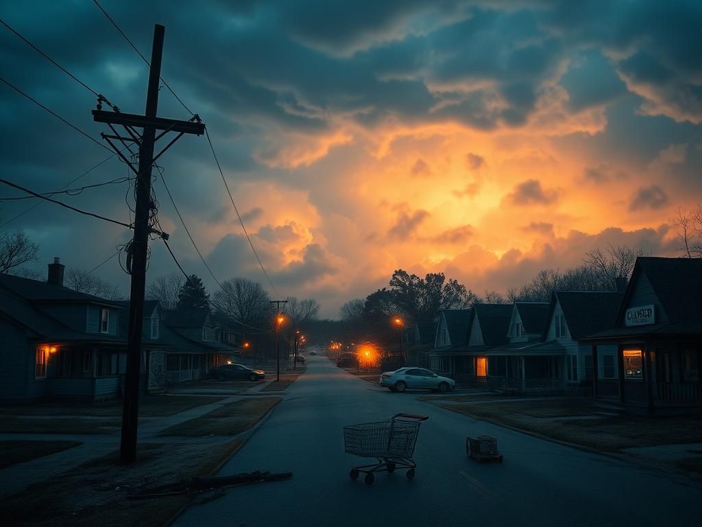 Flick International A desolate small town in North Carolina after an EMP strike with darkened houses and a stormy sky.