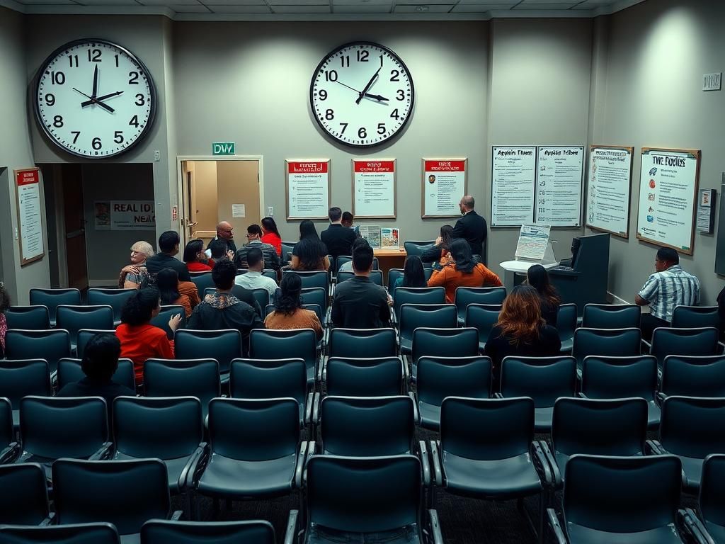 Flick International Busy DMV interior with long lines for REAL ID applications