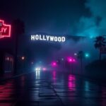 Flick International Dimly lit street in Hollywood with flickering neon signs and an ominous silhouette of the Hollywood sign in the background