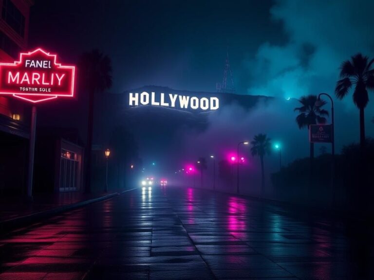 Flick International Dimly lit street in Hollywood with flickering neon signs and an ominous silhouette of the Hollywood sign in the background