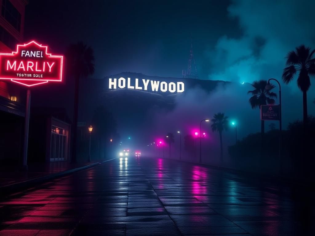 Flick International Dimly lit street in Hollywood with flickering neon signs and an ominous silhouette of the Hollywood sign in the background