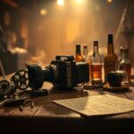 Flick International Close-up of a vintage film camera with film reels and whiskey bottles symbolizing addiction and redemption
