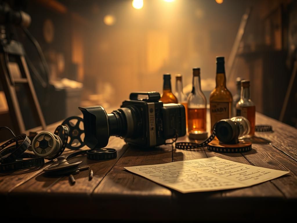 Flick International Close-up of a vintage film camera with film reels and whiskey bottles symbolizing addiction and redemption
