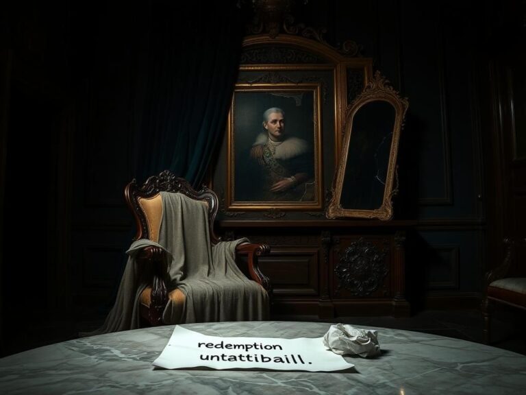 Flick International A dimly lit regal room with an ornate wooden chair and a dusty royal cloak