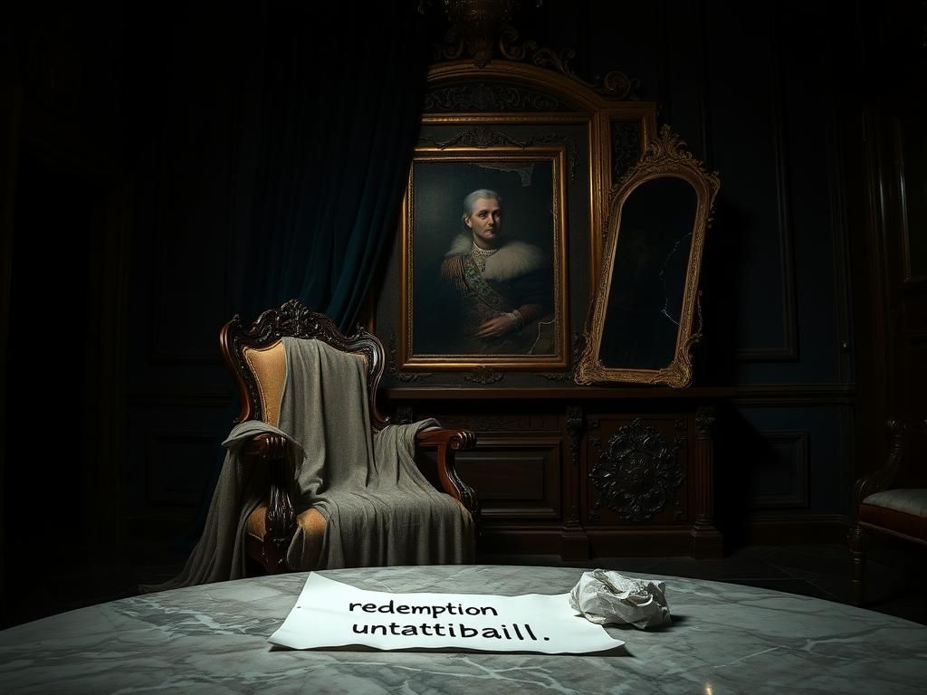 Flick International A dimly lit regal room with an ornate wooden chair and a dusty royal cloak