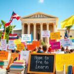 Flick International Vibrant outdoor rally scene outside a grand building resembling the Supreme Court with colorful signs advocating for school choice