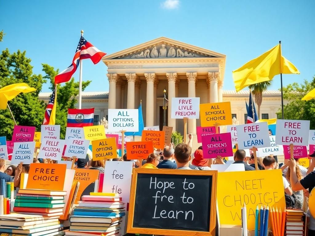 Flick International Vibrant outdoor rally scene outside a grand building resembling the Supreme Court with colorful signs advocating for school choice