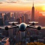 Flick International A futuristic eVTOL aircraft, the Archer Midnight, taking off in front of the New York City skyline at sunset