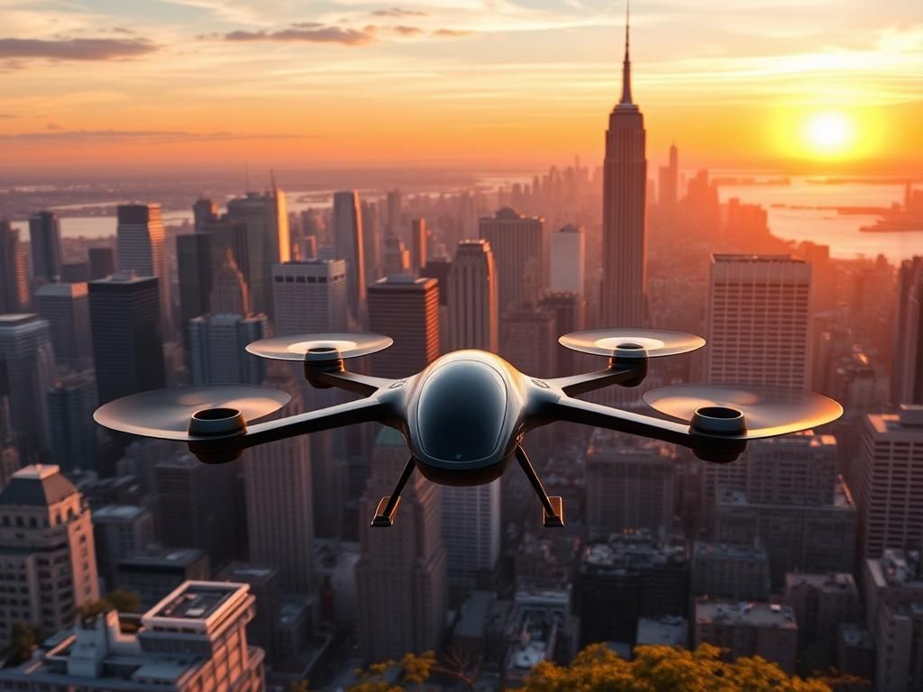 Flick International A futuristic eVTOL aircraft, the Archer Midnight, taking off in front of the New York City skyline at sunset