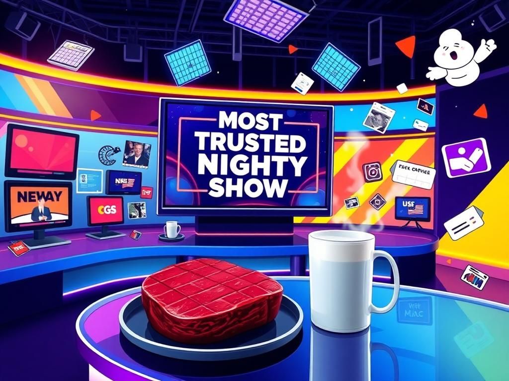 Flick International A vibrant digital newsroom filled with oversized news graphics and neon lights