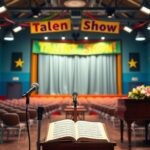 Flick International Cozy elementary school auditorium set for a talent show with colorful decorations.