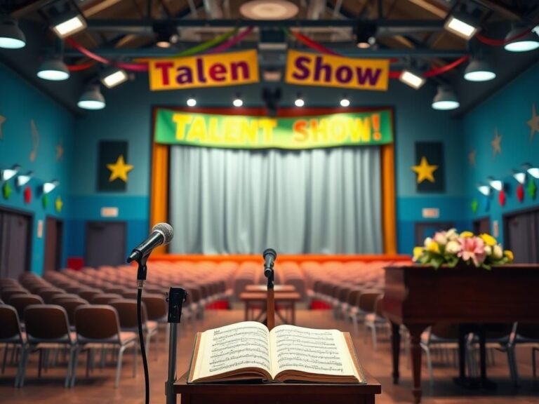 Flick International Cozy elementary school auditorium set for a talent show with colorful decorations.