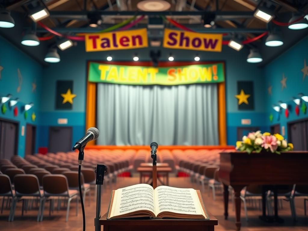 Flick International Cozy elementary school auditorium set for a talent show with colorful decorations.