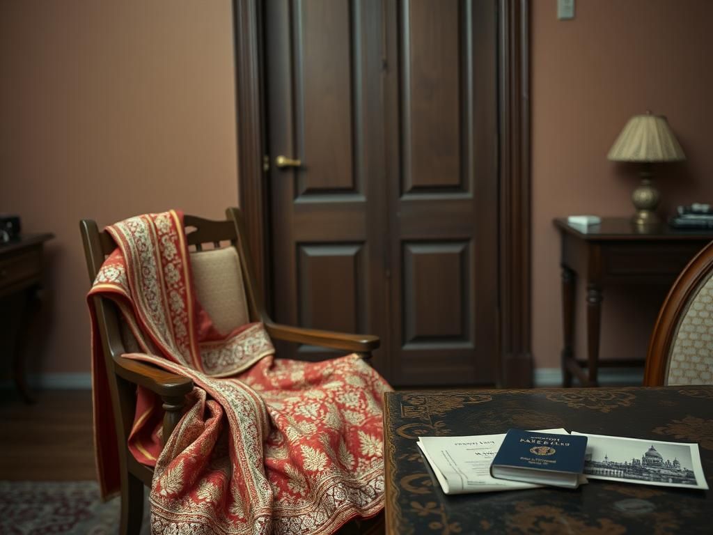 Flick International Ornate Indian wedding outfit draped over a wooden chair, symbolizing family estrangement.