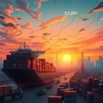 Flick International High-resolution digital artwork illustrating a cargo ship unloading containers marked with international flags in a vibrant trade scene.