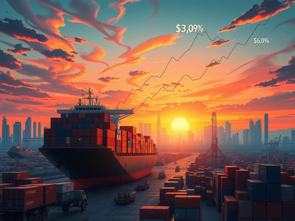 Flick International High-resolution digital artwork illustrating a cargo ship unloading containers marked with international flags in a vibrant trade scene.