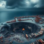 Flick International Aerial view of a devastated shipping port after a massive explosion